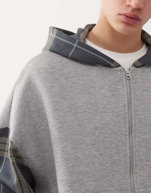 Sudadera gris de corte cuadrado con capucha y paneles en las mangas a cuadros de COLLUSION, 5 de 5