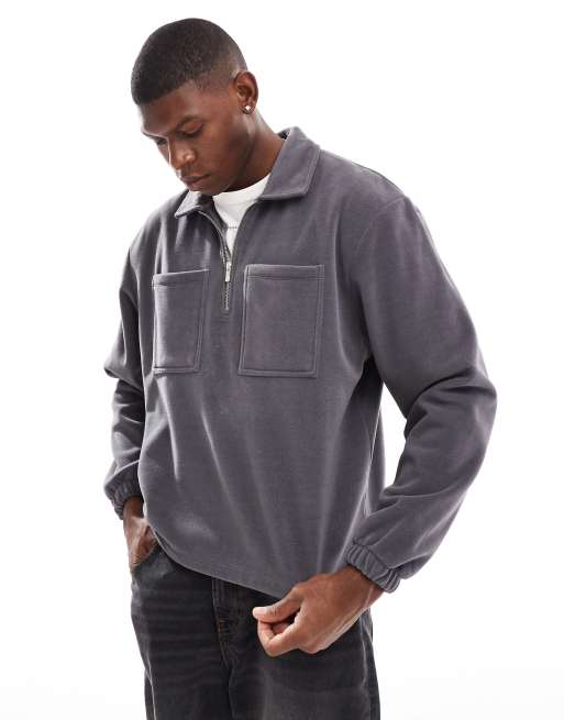 Sudadera gris de corte cuadrado extragrande con cuello tipo polo de felpa de ASOS DESIGN