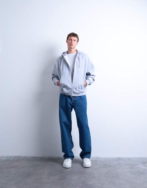 Sudadera gris extragrande con capucha y cremallera de tejido grueso de Topman, 2 de 5