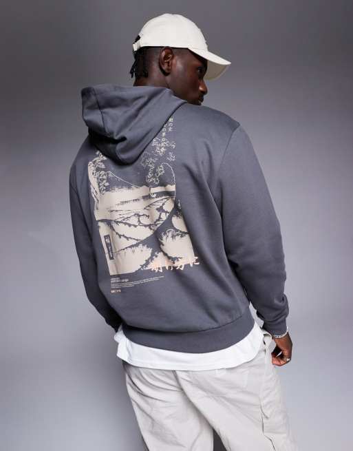 Sudadera gris extragrande con capucha y estampado rectangular en la espalda de ASOS DESIGN