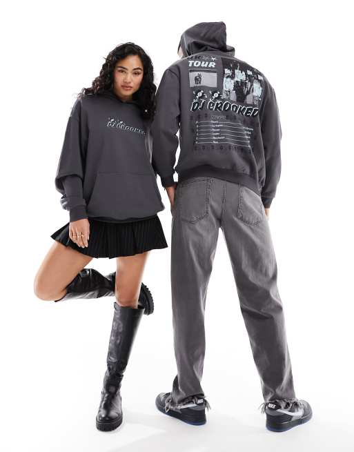 Sudadera gris extragrande unisex con capucha y estampado en el pecho y la espalda de ASOS Crooked Tongues