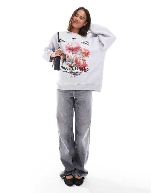 Sudadera gris hielo jaspeado con estampado gráfico de peonías de ASOS DESIGN