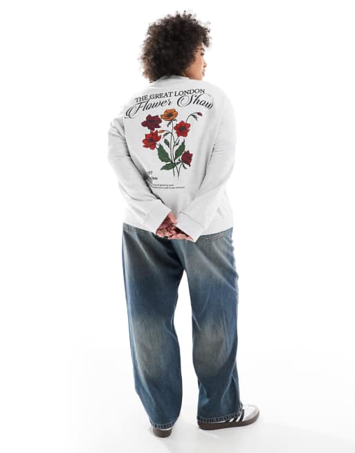 Sudadera gris hielo jaspeado con estampado gráfico "Flower Show" de ASOS DESIGN Curve, 3 de 4