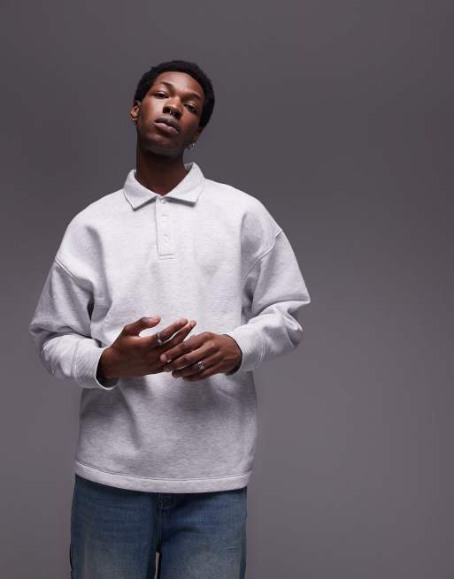 Sudadera gris hielo jaspeado extragrande con cuello tipo polo de Topman
