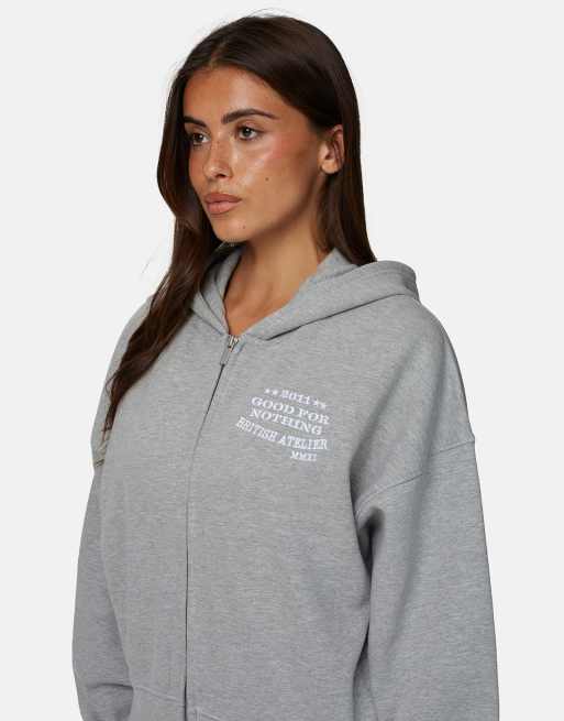 Sudadera gris holgada con capucha, cremallera y logo bordado de Good For Nothing, 3 de 4