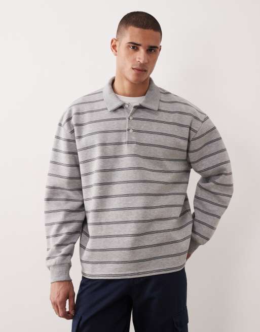 Sudadera gris jaspeado a rayas extragrande con cuello tipo polo de ASOS DESIGN