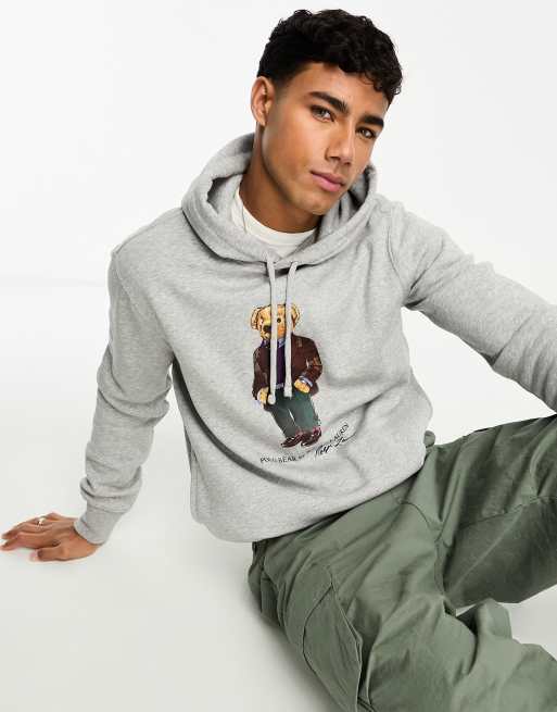 Sudadera gris jaspeado con capucha y estampado de oso de felpa