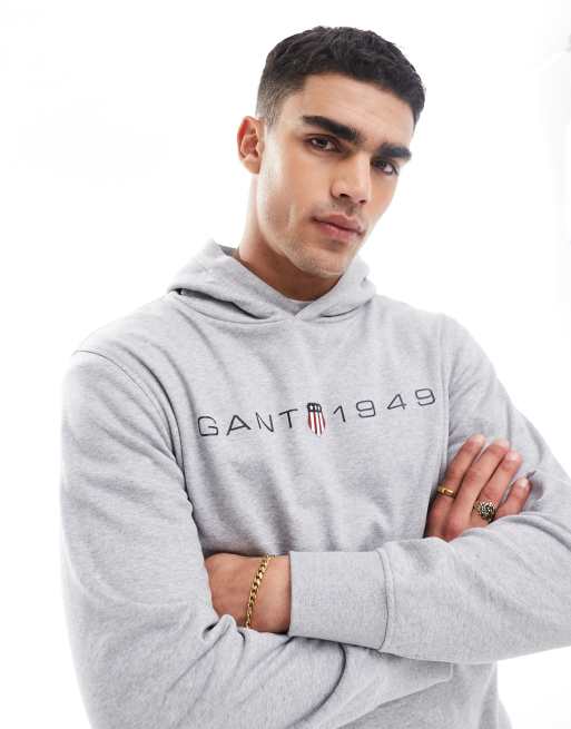 Sudadera gris jaspeado con capucha y estampado delantero de logo y escudo de GANT