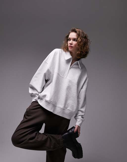 Sudadera gris jaspeado con cremallera corta premium de Topshop