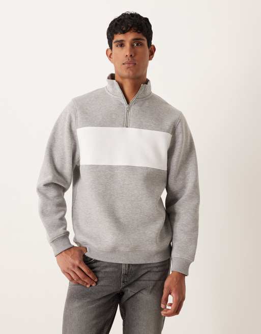 Sudadera gris jaspeado con diseño color block y cremallera corta de ASOS DESIGN