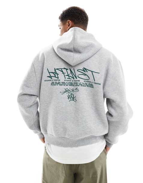 Sudadera gris jaspeado de corte cuadrado con capucha, estampados y detalle de costuras de ASOS DESIGN - view 1