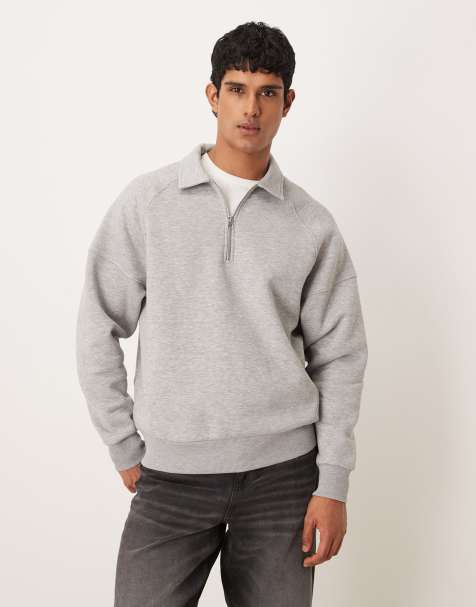 Sudadera gris jaspeado de corte cuadrado holgado con cremallera corta y solapas de ASOS DESIGN - view 1