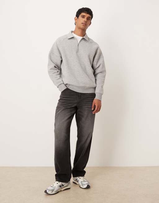 Sudadera gris jaspeado de corte cuadrado holgado con cremallera corta y solapas de ASOS DESIGN, 2 de 5