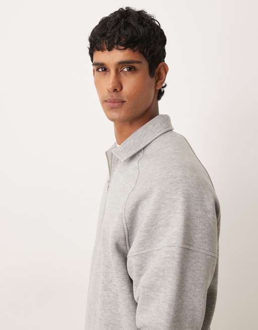 Sudadera gris jaspeado de corte cuadrado holgado con cremallera corta y solapas de ASOS DESIGN, 4 de 5