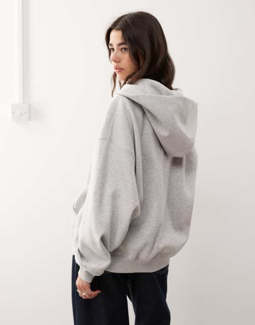 Sudadera gris jaspeado extragrande con capucha y cremallera de punto liso grueso de Weekday, 3 de 4
