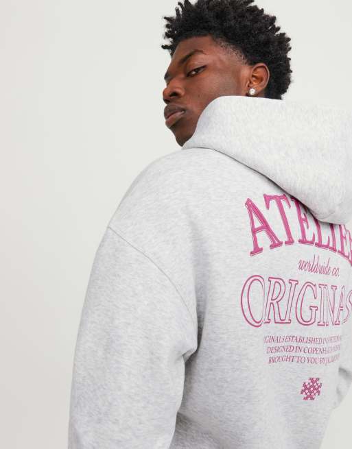 Sudadera gris jaspeado extragrande con capucha y estampado 