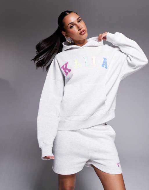 Sudadera gris jaspeado extragrande con capucha y logo bordado estilo arcoíris de Kaiia (parte de un conjunto)