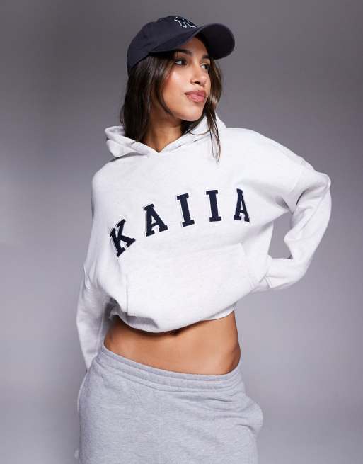 Sudadera gris jaspeado extragrande con capucha y logo de Kaiia (parte de un conjunto)