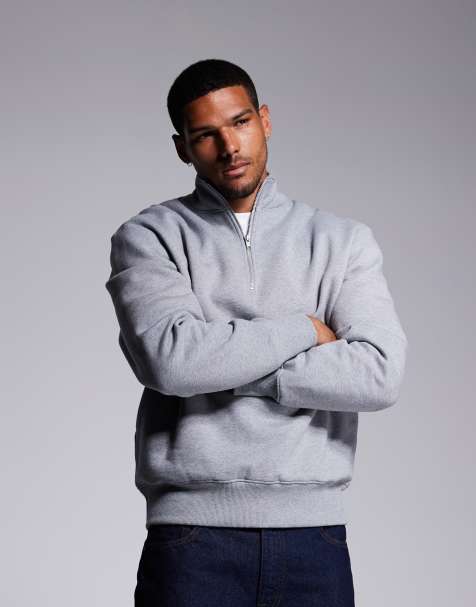 Sudadera gris jaspeado extragrande con cremallera corta de tejido grueso de 400 g/m2 premium de ASOS DESIGN - view 1