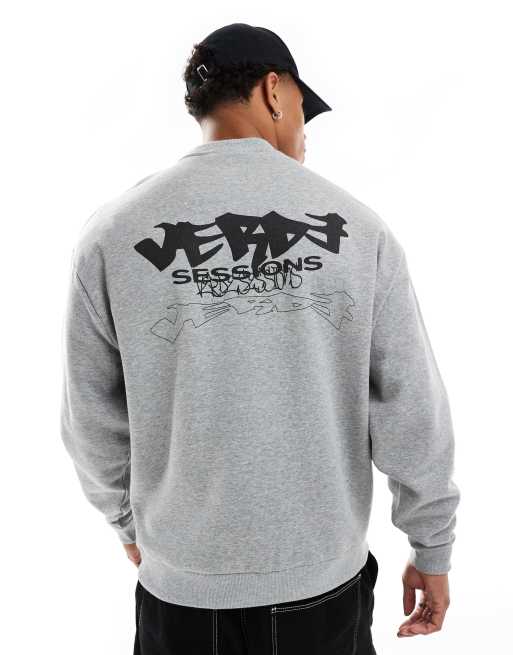 Sudadera gris jaspeado extragrande con cuello redondo y diseño estampado de ASOS DESIGN
