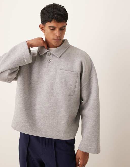 Sudadera gris jaspeado extragrande con sisas caídos y cuello tipo polo de ASOS DESIGN