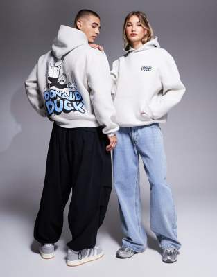 Sudadera gris jaspeado unisex extragrande con capucha y estampado de Pato Donald de Disney de tejido efecto neopreno de ASOS DESIGN - view 1
