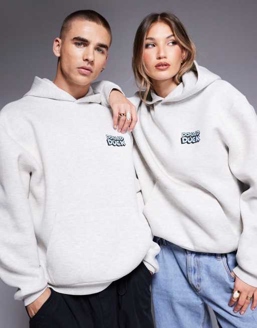 Sudadera gris jaspeado unisex extragrande con capucha y estampado de Pato Donald de Disney de tejido efecto neopreno de ASOS DESIGN