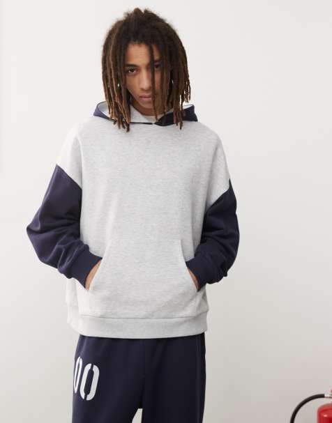 Sudadera gris jaspeado y azul marino de corte cuadrado con capucha y detalle estampado de COLLUSION (parte de un conjunto) - view 1