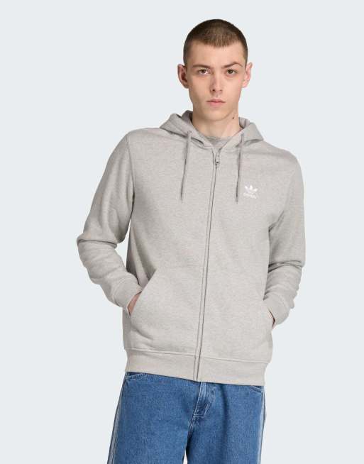 Sudadera gris medio jaspeado y blanca básica con capucha y cremallera Trefoil Essentials de adidas Originals
