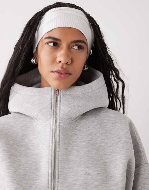 Sudadera gris melange con capucha, cuello alzado y cremallera de tejido efecto neopreno de Weekday, 3 de 4