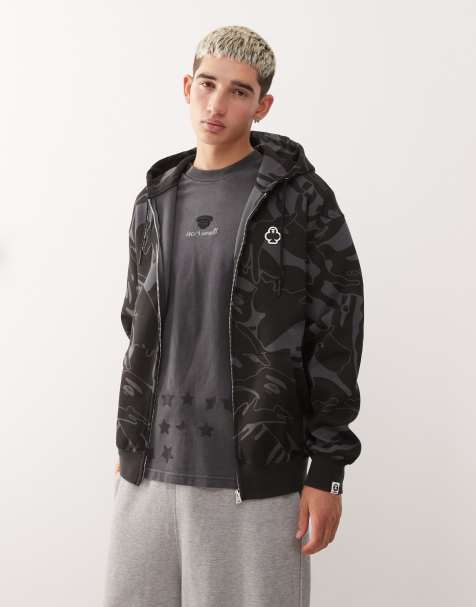 Sudadera gris oscuro con capucha, cremallera, logo y estampado de camuflaje y gráfico trasero de Aape by A Bathing Ape - view 1