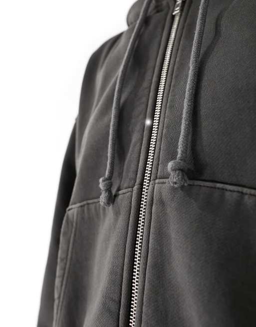 Sudadera gris oscuro de corte cuadrado con capucha y cremallera de tejido grueso de Weekday, 3 de 4