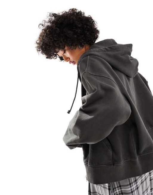 Sudadera gris oscuro de corte cuadrado con capucha y cremallera de tejido grueso de Weekday, 4 de 4