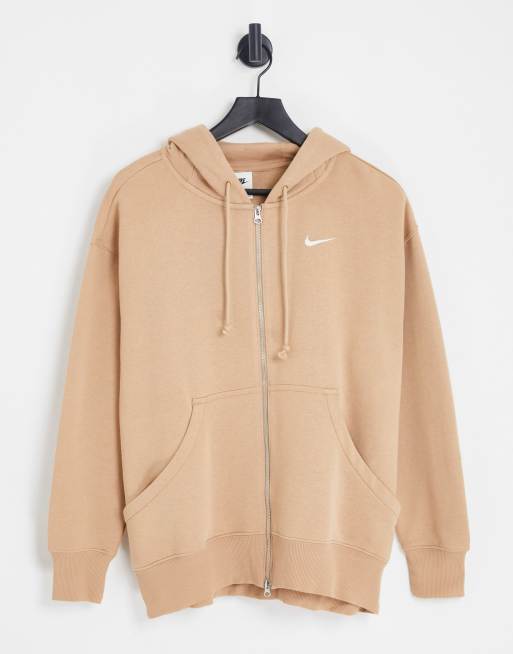 Sudadera marrón cáñamo extragrande con capucha, cremallera y logo pequeño de Nike