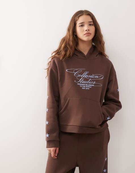 Sudadera marrón chocolate con capucha y logo de estrella de COLLUSION (parte de un conjunto) - view 1