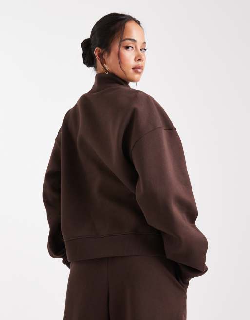 Sudadera marrón chocolate con media cremallera e interior afelpado de ASOS DESIGN, 4 de 4