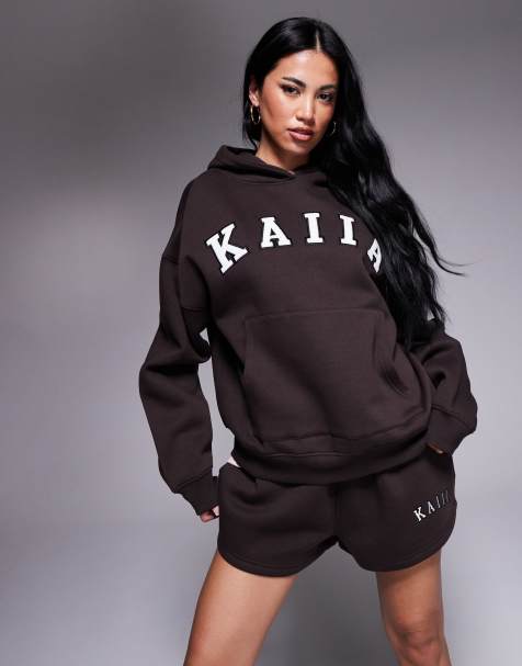 Sudadera marrón chocolate extragrande con capucha y logo bordado de Kaiia (parte de un conjunto) - view 1