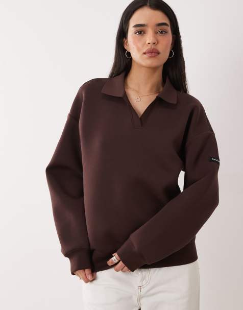 Sudadera marrón chocolate extragrande con cuello tipo polo de Calvin Klein Jeans - view 1