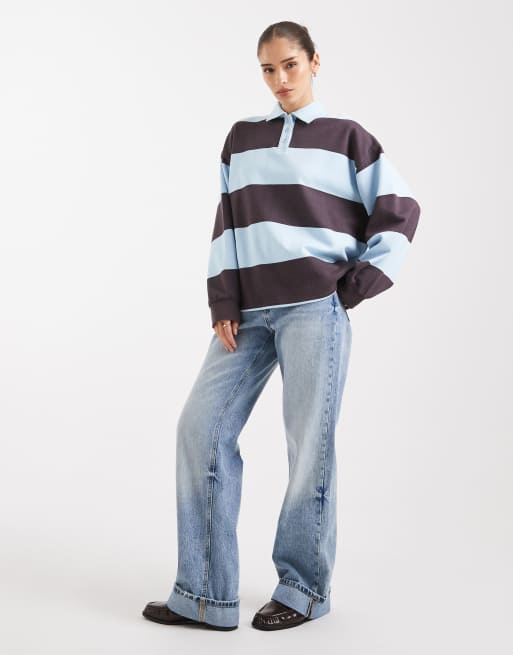 Sudadera marrón chocolate y azul con solapas estilo polo de rugby de tejido rico en algodón de 4th & Reckless, 4 de 4