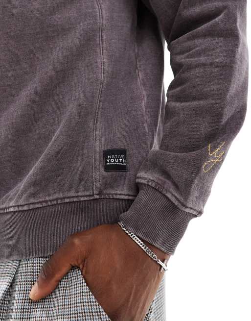 Sudadera marrón con cremallera corta y acabado lavado intenso de Native Youth, 3 de 4