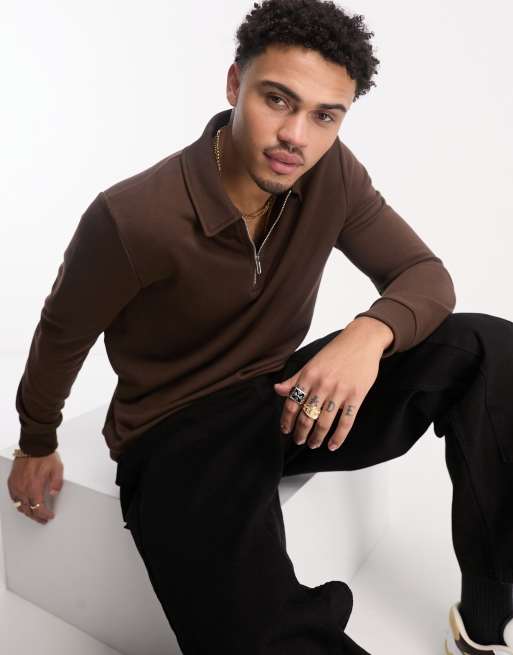 Sudadera marrón con cuello tipo polo y media cremallera de ASOS DESIGN
