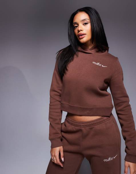 Sudadera marrón con diseño encogido, capucha y logo de texto de Nike - view 1