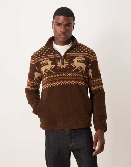Sudadera marrón con patrón de grecas alpinas y media cremallera de felpa polar de Polo Ralph Lauren