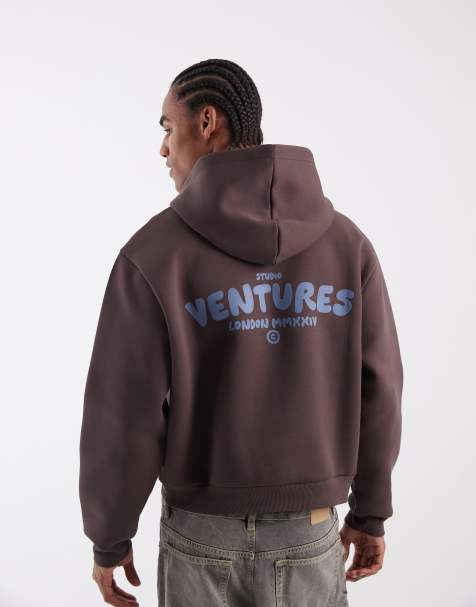 Sudadera marrón de corte cuadrado extragrande con capucha y estampado gráfico de texto de tejido grueso efecto neopreno de ASOS DESIGN - view 1