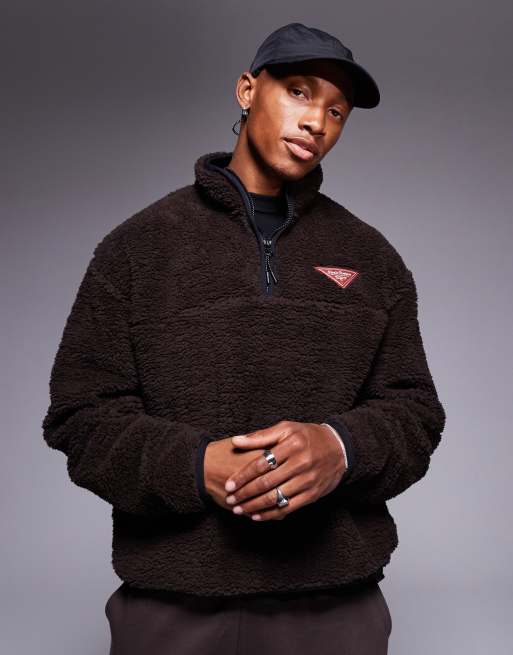 Sudadera marrón de corte cuadrado extragrande con estampado y ribetes en contraste de borreguito de ASOS DESIGN