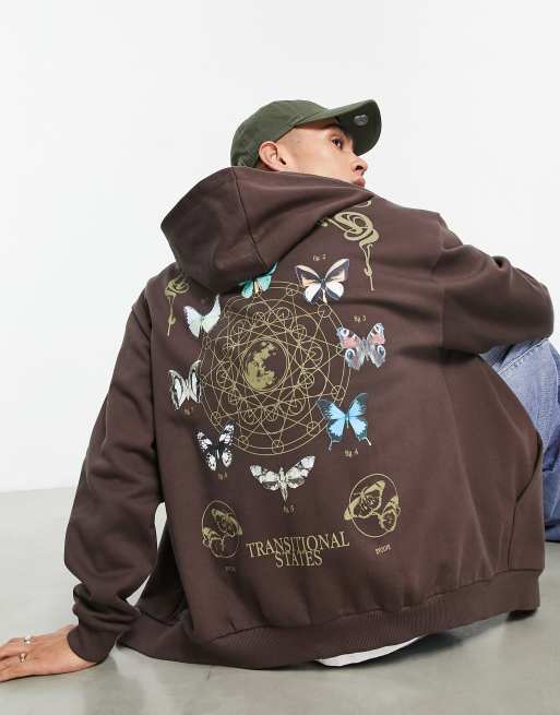 Sudadera marrón extragrande con capucha, cremallera y estampado de mariposa en la espalda de ASOS DESIGN