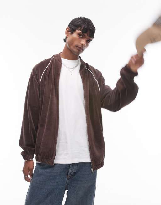 Sudadera marrón extragrande con cremallera y detalle de ribetes en los laterales de velour de Topman