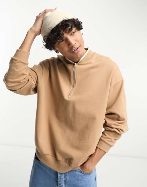 Sudadera marrón extragrande estilo bomber con media cremallera de ASOS DESIGN