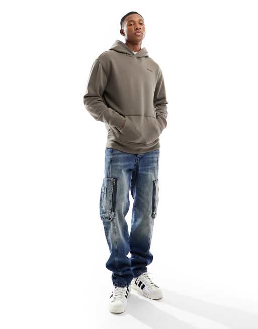 Sudadera marr n holgada con capucha bolsillo con cremallera y