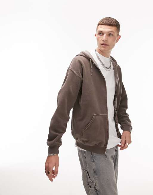 Sudadera marrón lavado extragrande con capucha y cremallera de Topman